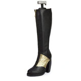Preston Zly handmade leather footwear Solaris Boot. Australia Melbourne designer high heel two tone knee boot with stiched leather sole and plated leather detail and zip boot. Silver and black leather.