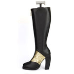 Preston Zly handmade leather footwear Solaris Boot. Australia Melbourne designer high heel two tone knee boot with stiched leather sole and plated leather detail and zip boot. Silver and black leather.